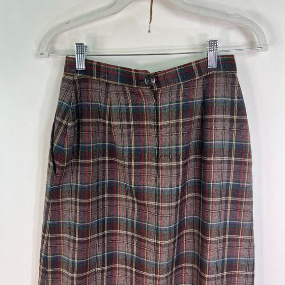 Vintage Lady Halrin Plaid Wool Skirt Womens 8 Brown Lined Pockets Zip Pleated - Picture 5 of 11